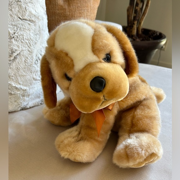 SKM Tan Brown Labrador Dog Soft Plush Animal Stuffed‎ Animal Floppy Bean Bag Bow - Picture 1 of 6